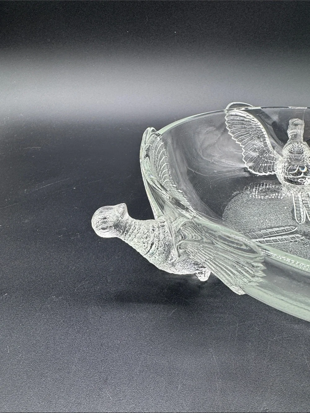 Jeanette Glass Molded Pheasants Centerpiece Clear Glassware Bowl 3-Footed